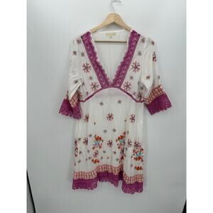 Ruby Yaya Midi Floral Embroidery Midi Dress Size M Boho Vaca Resort Sheer V Neck